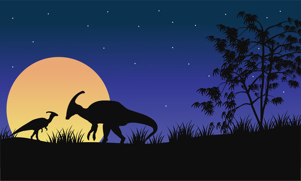 At night parasaurolophus silhouette with moon