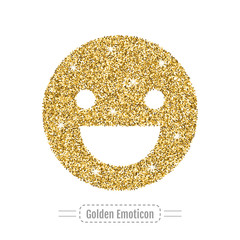 Happy emoticon by golden glitter. Face with smile, icon. Vector