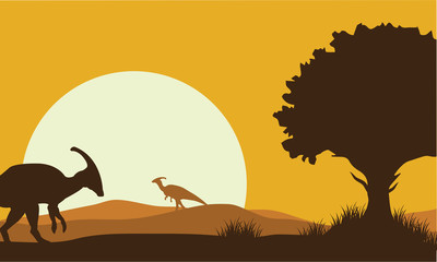 Naklejka premium Silhouette of parasaurolophus with sun