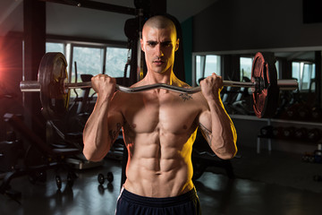 Muscular Man Exercising Biceps With Barbell