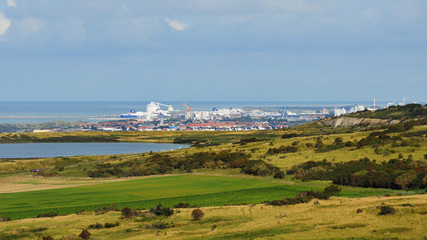 View of Calais, France, surrounded by green hills and fields