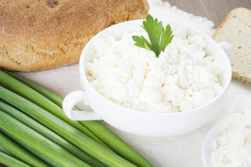 Cottage cheese with sour cream, milk, onion and bread