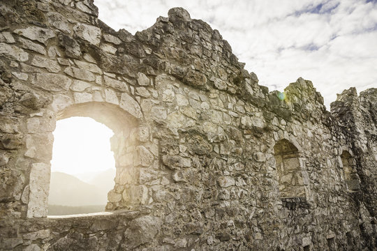 Sunlit window of Ehrenberg castle ruins, Reutte, Tyrol, Austria