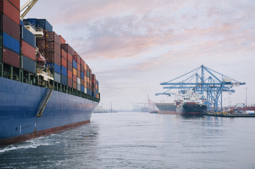  Container ship on river harbor, Tacoma, Washington, USA