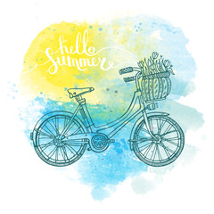 Hello summer. Bicycle and white lettering on watercolor background. Element for design, t-shirt print. Vector illustration.