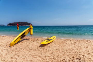 Rescue surfboard on the beach.