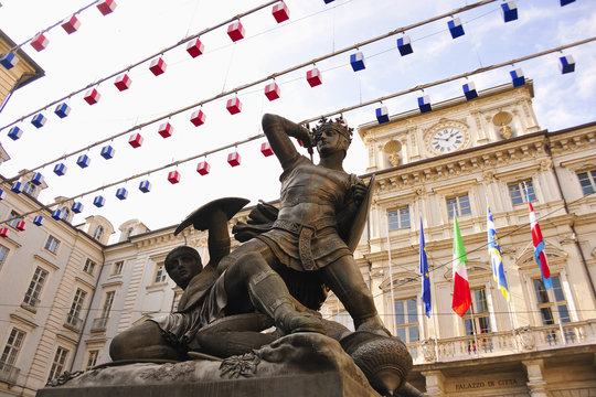 Piazza delle Erbe, seat of Turin City Hall and statue, Turin, Piedmont, Italy