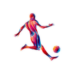 Fototapeta na wymiar Soccer player kicks the ball. The colorful abstract illustration on white background.