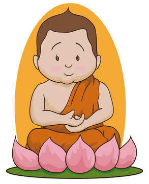Meditative Buddha Sit over Lotus Isolated, Vector Illustration