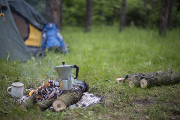 Camping in the woods.