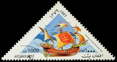 Ancient Northern merchant ship on postage stamp