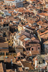 An aerial view of the roofs of the town of Venice in Italy