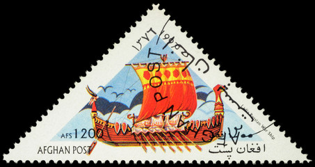 Ancient russian war ship Ladia on postage stamp