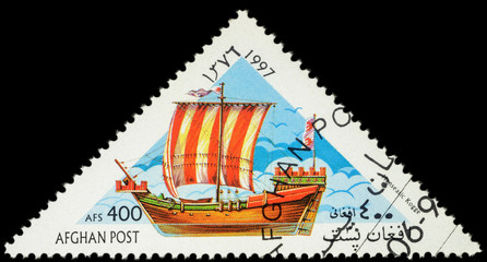 Ancient Hanseatic military and merchant ship Kogge on postage st
