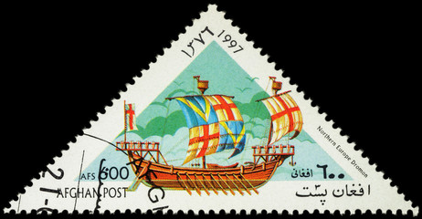 Ancient Northern Europe warship dromon on postage stamp