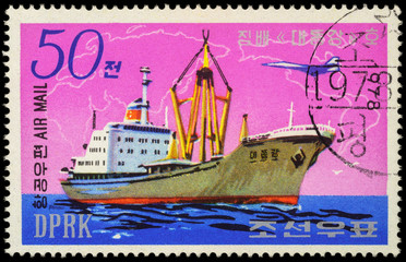 North Korean freighter "Taedonggang" on postage stamp