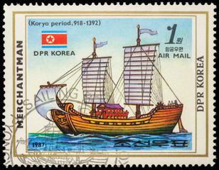 Korean sail ship of Koryo period (918-1392) on postage stamp