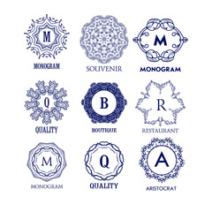 Set of luxury, simple and elegant blue monogram design templates