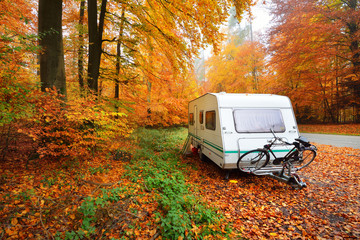 Caravan trailer with a bicycle and a car parked in a golden beech tree forest. Colorful red, orange...