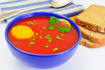 Tomato Soup with Peppers Spicy, Cheese Balls, Garlic and Parsley