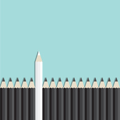 White pencil standing out from crowd of black pencil. think different, leadership, freedom, initiative, strategy, dissent, success, business financial concept