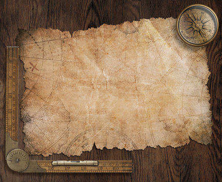Fototapeta pirates treasure map on old wooden desk 3d illustration