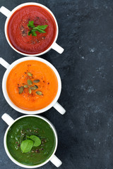 assortment of fresh vegetable soup on and dark background