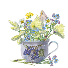 Cup with flowers. Watercolor painting
- 110944071