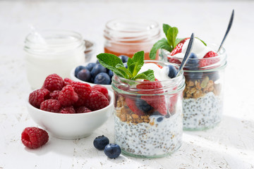 Breakfast in a jar with chia, berries and oat flakes 