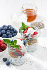 Breakfast in a jar with chia, berries and oat flakes, vertical
