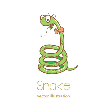 Summer card with cute cartoon  snake  in  glasses.  Vector image. Children's illustration.