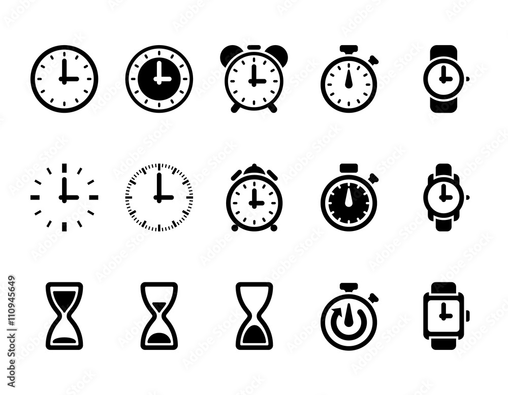 Poster clock, time vector icons. hour and time clock symbol and timer with arrow, round clock illustration