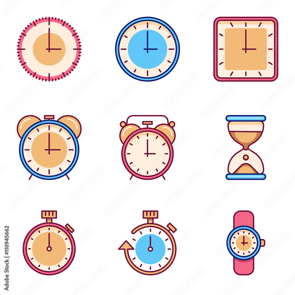 Poster alarm clock, timer, watch flat vector icons. tine clock object set and watch chronometer and clock f