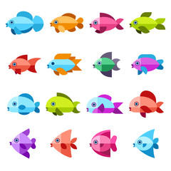 Fish vector flat icons set. Fish sea or ocean, nature wildlife fish illustration