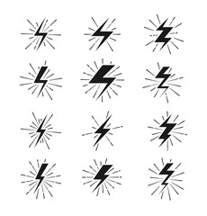 Retro lightning bolt signs with sunburst effect. Lightning sign set and electric lightning thunder. Vector illustration