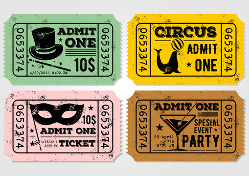 Vector set of vintage paper ticket and admit one samples icon
