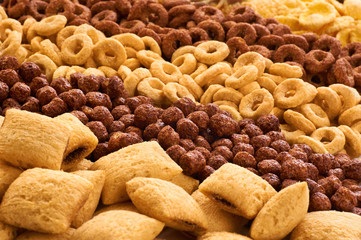 Cereals breakfast collection. Corn pads, rings, balls and cornfl