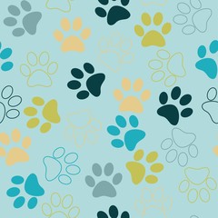 Vector seamless pattern with cat or dog footprints. Cute colorfu