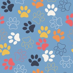 Vector seamless pattern with cat or dog footprints. Cute colorfu