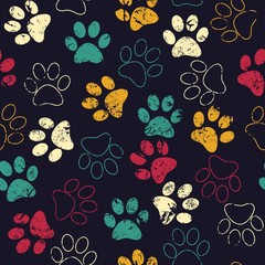 Vector seamless pattern with cat or dog footprints. Cute colorfu