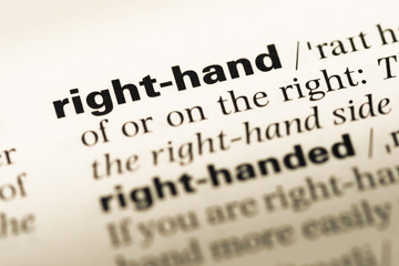 Close up of old English dictionary page with word right hand