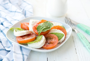 Fresh salad with tomatoes, a mozzarella and a basil