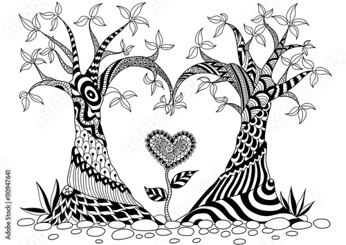 Abstract trees in heart shape line art design for coloring book ... Abstract trees in heart shape line art design for coloring book ...