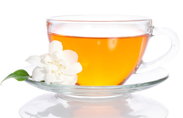 Glass cup of tea with jasmine on the white background