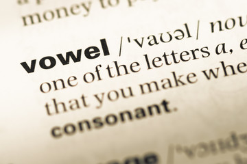 Fototapeta premium Close up of old English dictionary page with word vowel