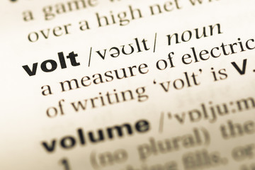 Close up of old English dictionary page with word volt