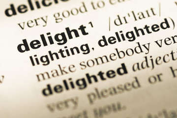 Obraz premium Close up of old English dictionary page with word delight