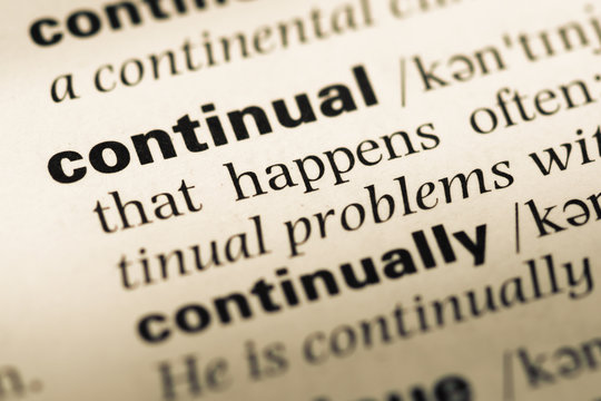 Close up of old English dictionary page with word continual