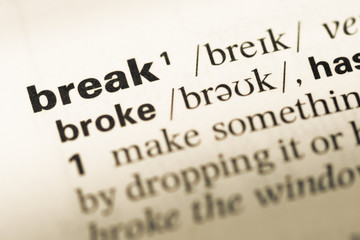 Close up of old English dictionary page with word break