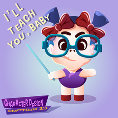 Girl teacher cartoon. Teacher kid in glasses with pointer.
